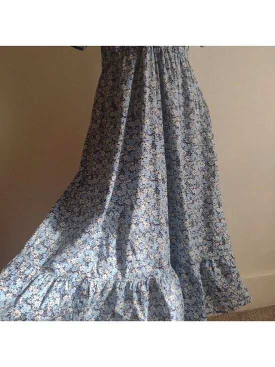 Vineyard Vines Blue Floral Dress L Cotton Puff Sleeves Midi w POCKETS - Picture 6 of 10